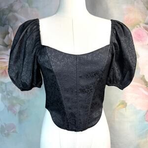WAYF X Jourdan Sloane Emma Black Puff Sleeve Floral Jacquard Corset Top